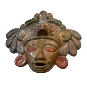 Vtg Mexican Terracotta Wall Mask Inspired Folk Art Ceramic, Mid-Century